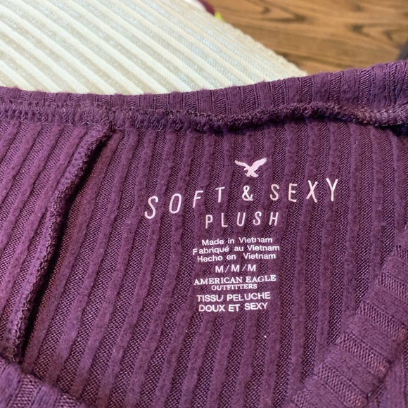 🌸ae burgundy soft & sexy plush long sleeve ribbon lace up shirt mini dress - Picture 3 of 3